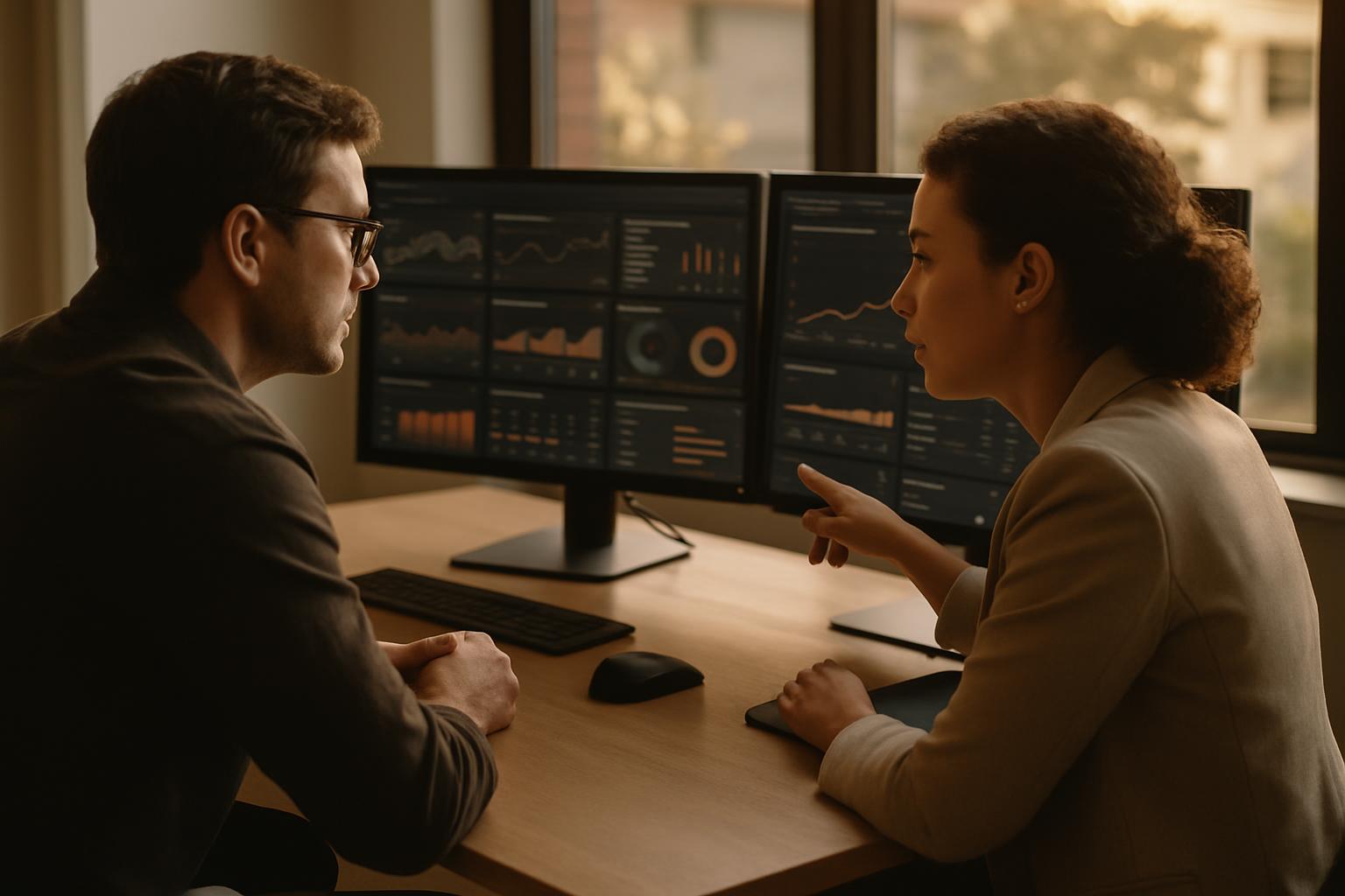 Marketing team reviewing digital analytics dashboards in a modern office workspace