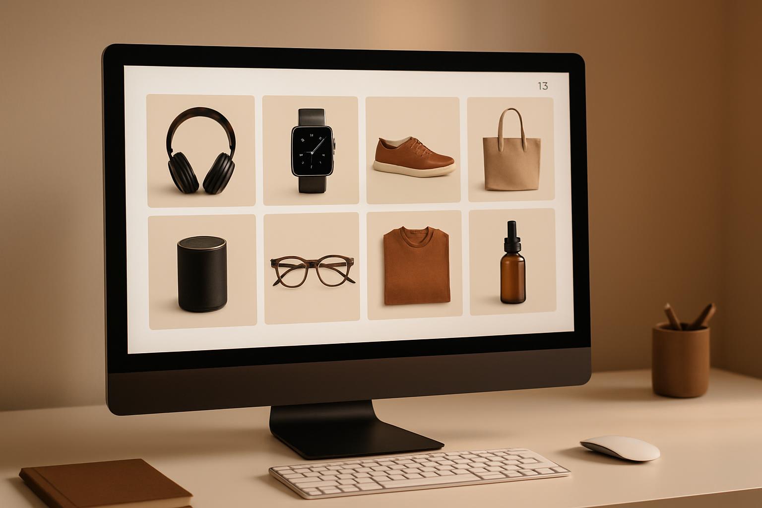 Ecommerce storefront product grid on desktop monitor for ecommerce SEO services