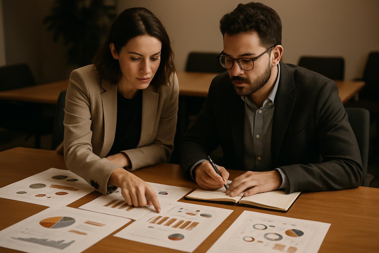 Marketing strategists reviewing campaign plans and analytics reports at a conference table