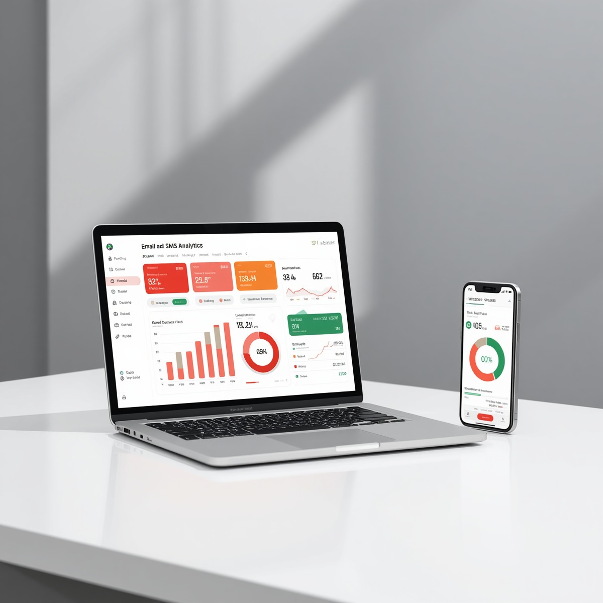Email and SMS marketing analytics dashboard on laptop and smartphone in a clean workspace